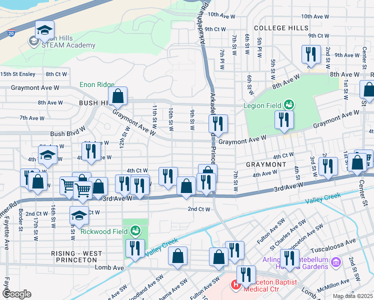 map of restaurants, bars, coffee shops, grocery stores, and more near 908 4th Terrace West in Birmingham