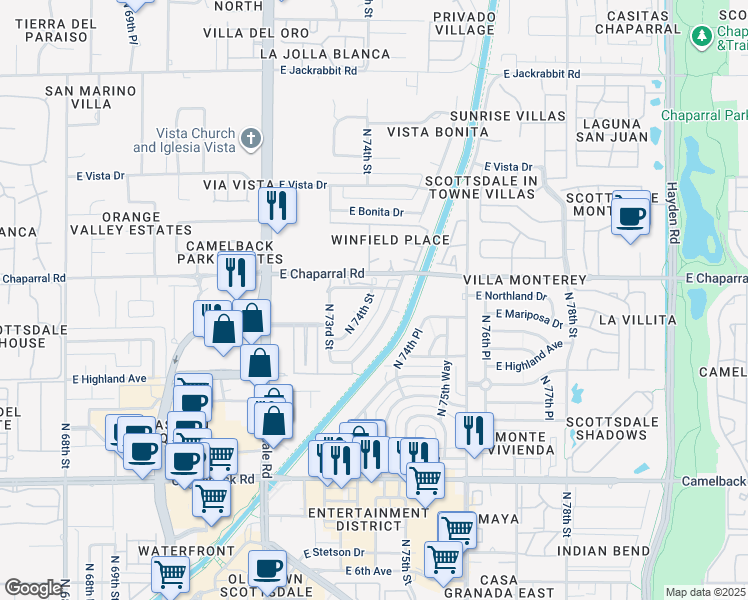 map of restaurants, bars, coffee shops, grocery stores, and more near 7401 East Northland Drive in Scottsdale