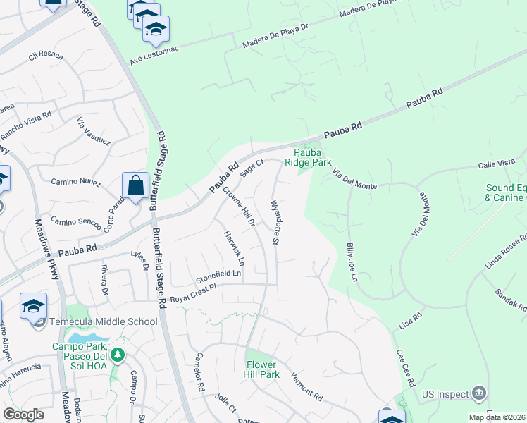map of restaurants, bars, coffee shops, grocery stores, and more near 42255 Wyandotte Street in Temecula