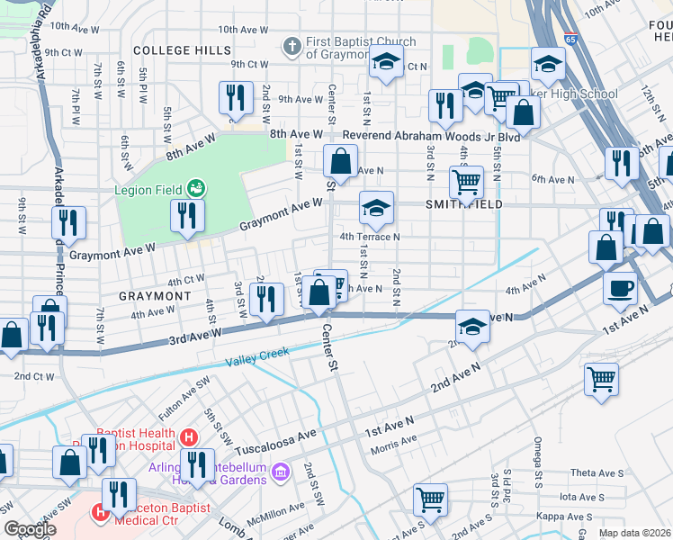 map of restaurants, bars, coffee shops, grocery stores, and more near 5 4th Court North in Birmingham