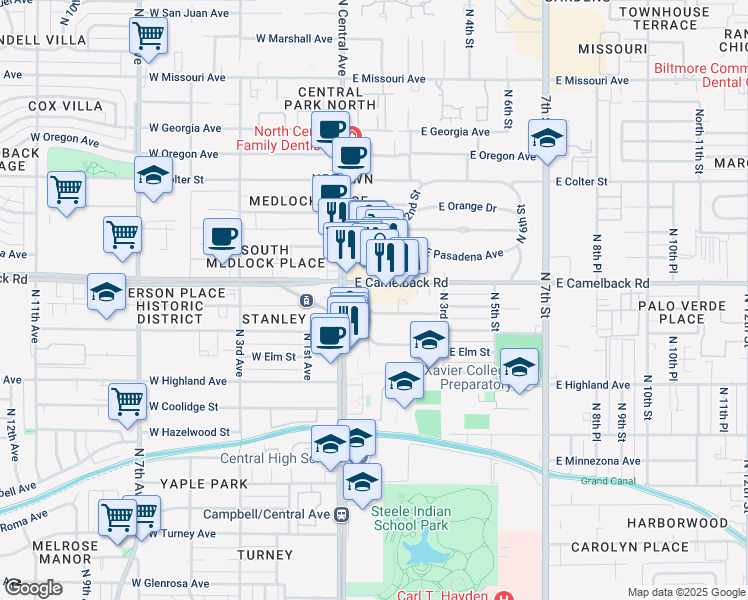 map of restaurants, bars, coffee shops, grocery stores, and more near 38 East Mariposa Street in Phoenix