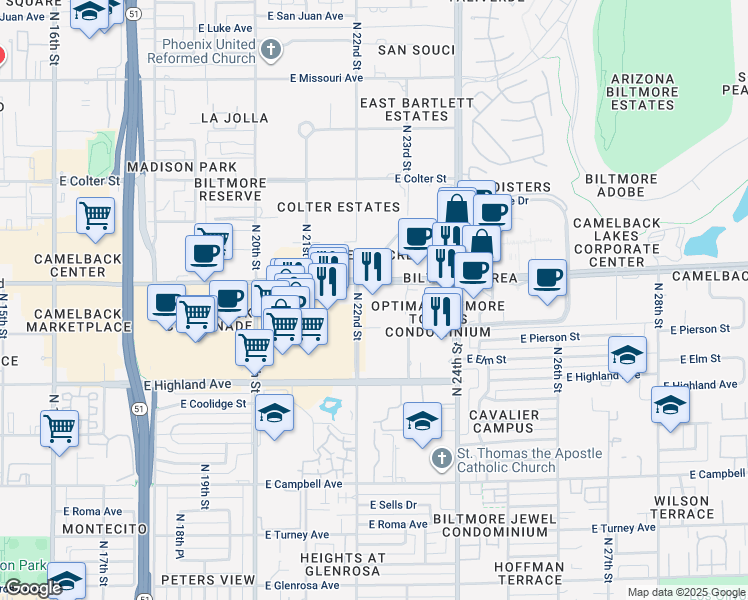 map of restaurants, bars, coffee shops, grocery stores, and more near 2201 East Camelback Road in Phoenix