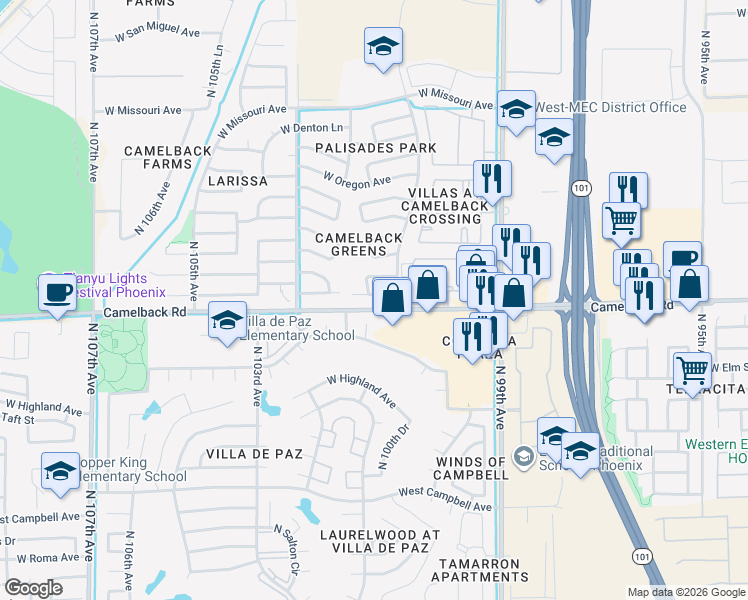 map of restaurants, bars, coffee shops, grocery stores, and more near 10117 West Pasadena Avenue in Glendale