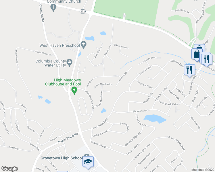 map of restaurants, bars, coffee shops, grocery stores, and more near 1603 Sweet Meadow Lane in Grovetown