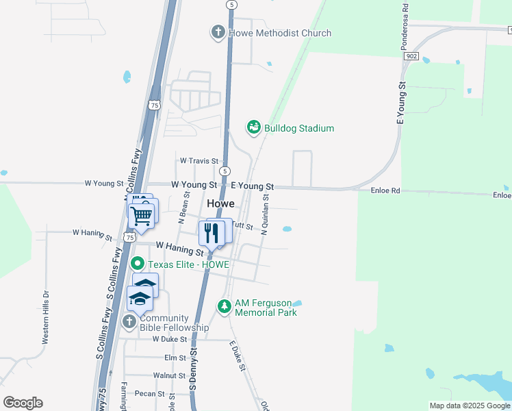 map of restaurants, bars, coffee shops, grocery stores, and more near 403 North Carter Street in Howe