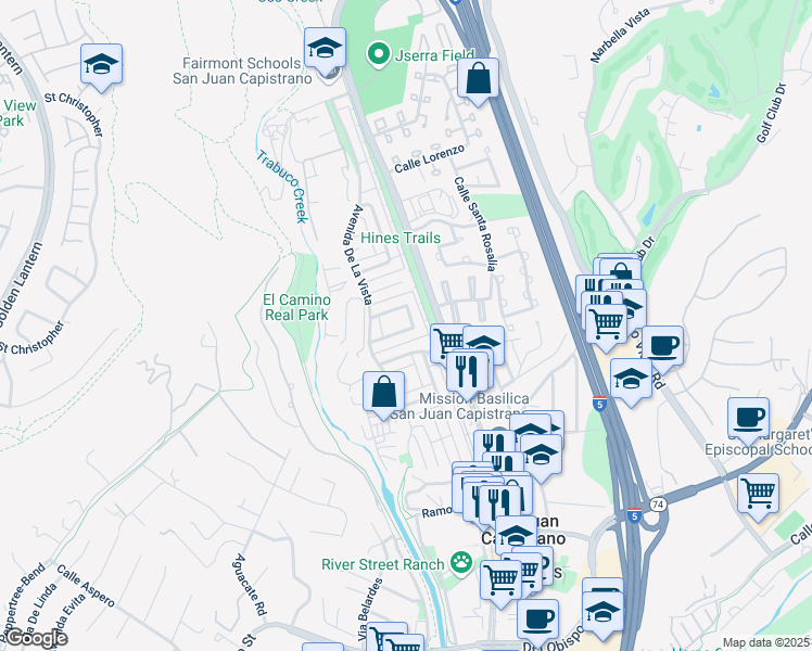 map of restaurants, bars, coffee shops, grocery stores, and more near 31273 Calle San Juan in San Juan Capistrano