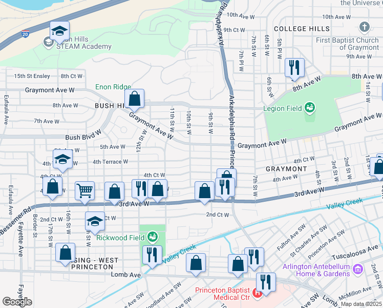 map of restaurants, bars, coffee shops, grocery stores, and more near 936 4th Terrace W in Birmingham