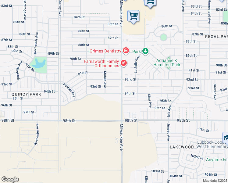 map of restaurants, bars, coffee shops, grocery stores, and more near 6512 94th Street in Lubbock