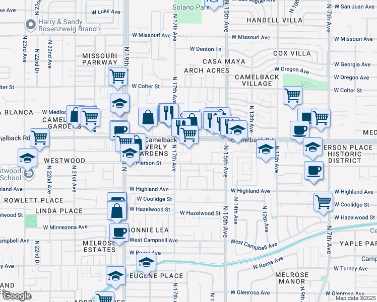 map of restaurants, bars, coffee shops, grocery stores, and more near 1625 West Camelback Road in Phoenix