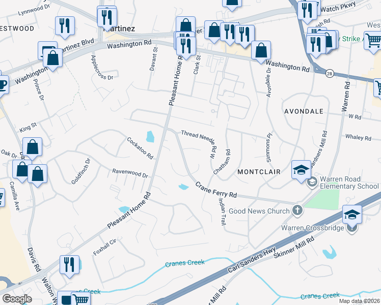 map of restaurants, bars, coffee shops, grocery stores, and more near 208 Buckhead Court in Augusta