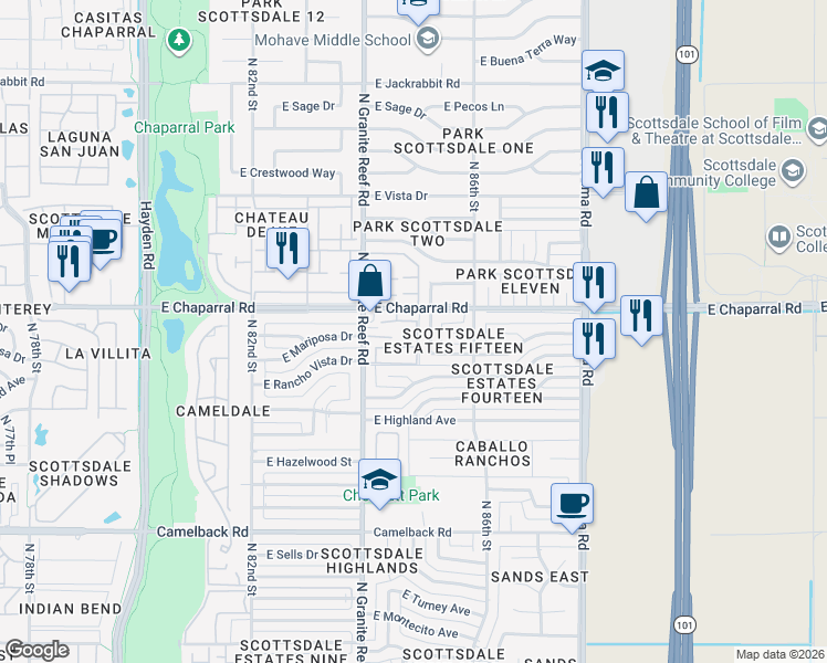 map of restaurants, bars, coffee shops, grocery stores, and more near 4949 North Granite Reef Road in Scottsdale