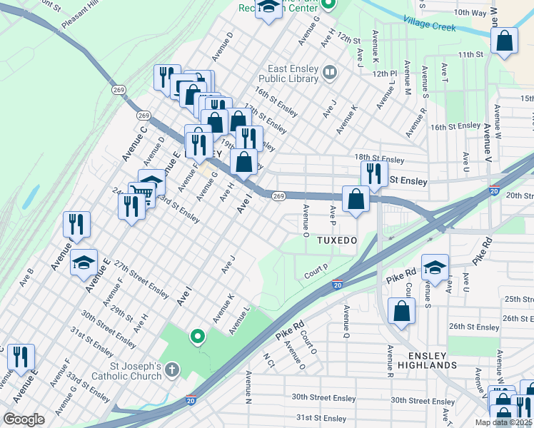 map of restaurants, bars, coffee shops, grocery stores, and more near 2012 Avenue K in Birmingham
