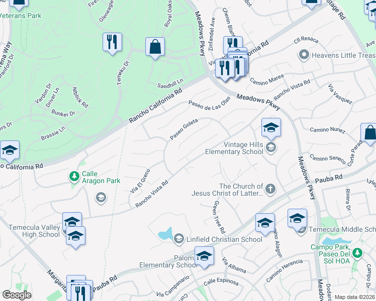 map of restaurants, bars, coffee shops, grocery stores, and more near 31662 Corte Rosario in Temecula