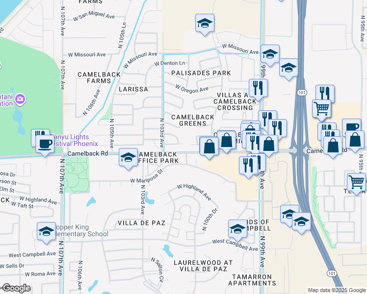 map of restaurants, bars, coffee shops, grocery stores, and more near 10225 West Pasadena Avenue in Glendale