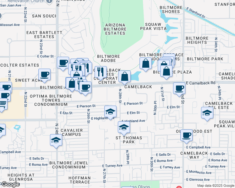 map of restaurants, bars, coffee shops, grocery stores, and more near 2777 East Camelback Road in Phoenix
