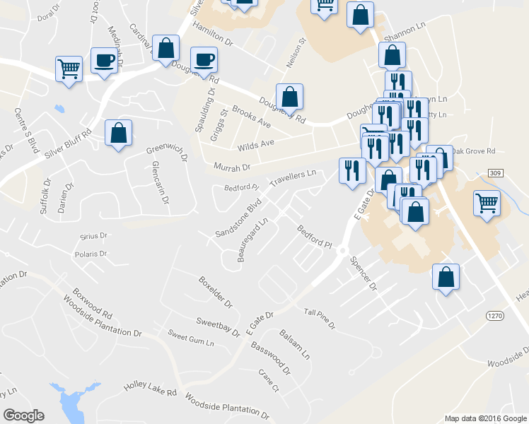 map of restaurants, bars, coffee shops, grocery stores, and more near 113 Raintree Court in Aiken