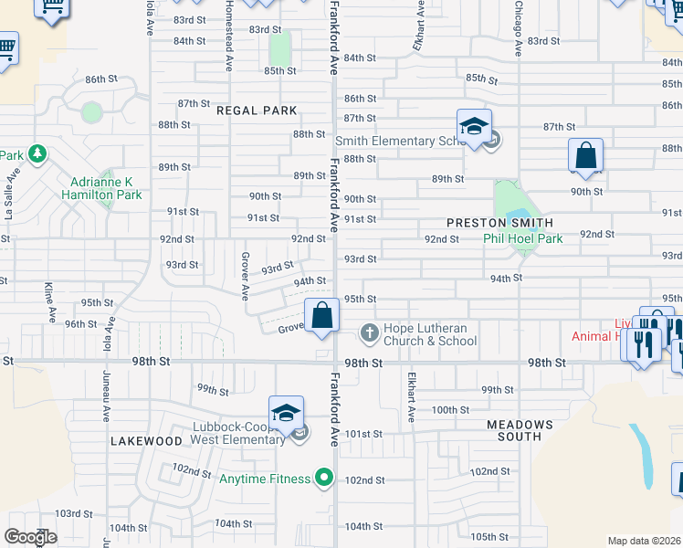 map of restaurants, bars, coffee shops, grocery stores, and more near 5802 94th Street in Lubbock