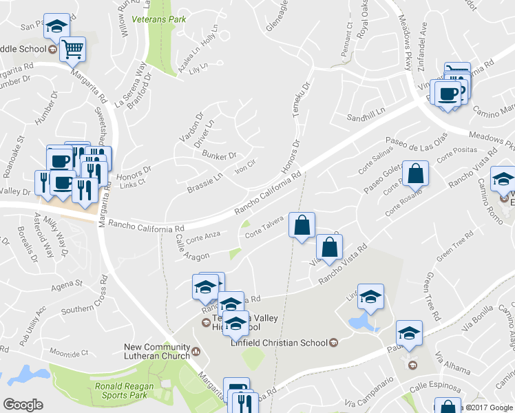 map of restaurants, bars, coffee shops, grocery stores, and more near 41525 Avenida De La Reina in Temecula