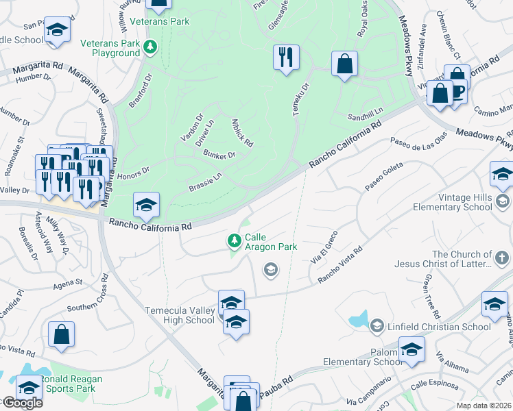 map of restaurants, bars, coffee shops, grocery stores, and more near 41525 Avenida De La Reina in Temecula