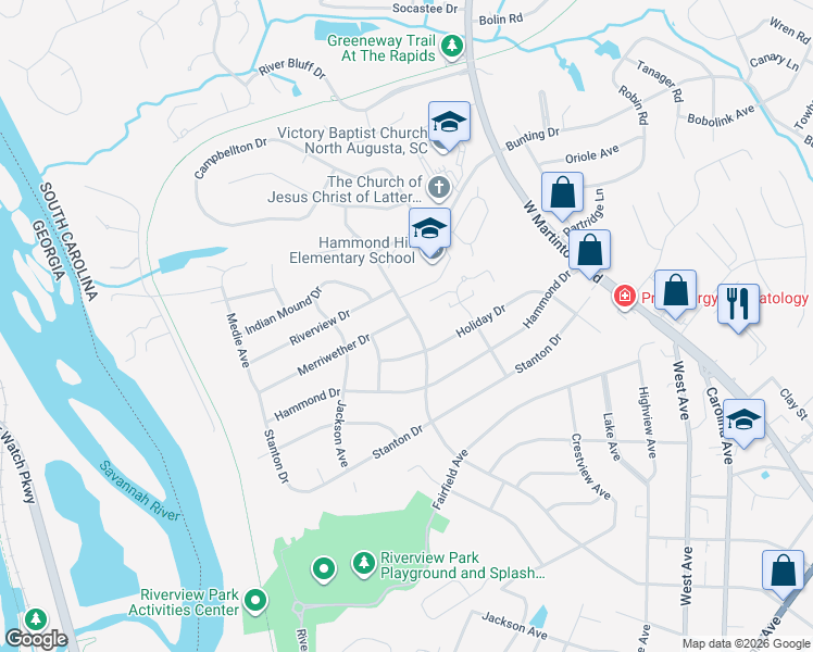 map of restaurants, bars, coffee shops, grocery stores, and more near 815 Merriweather Drive in North Augusta