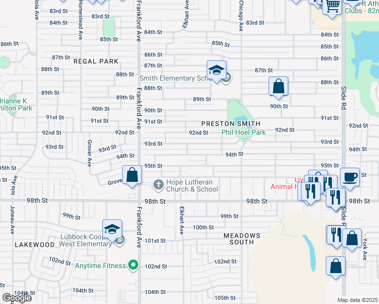 map of restaurants, bars, coffee shops, grocery stores, and more near 5614 94th Street in Lubbock