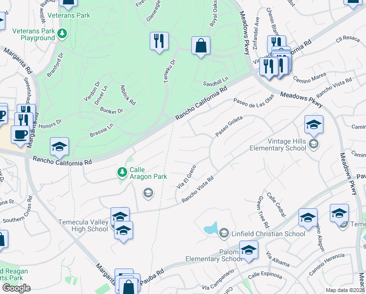 map of restaurants, bars, coffee shops, grocery stores, and more near 31376 Corte Montiel in Temecula