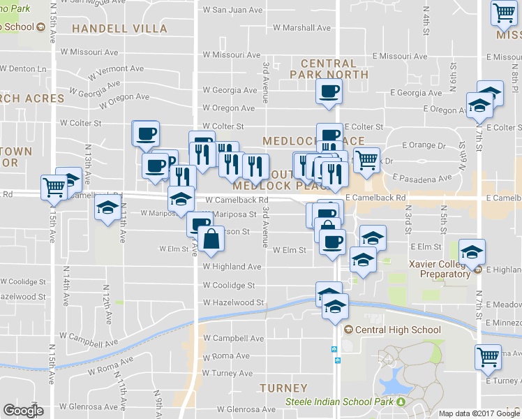 map of restaurants, bars, coffee shops, grocery stores, and more near 302 West Mariposa Street in Phoenix