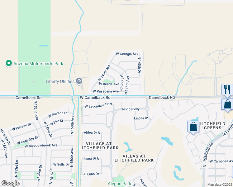 map of restaurants, bars, coffee shops, grocery stores, and more near 14619 West Pasadena Avenue in Litchfield Park