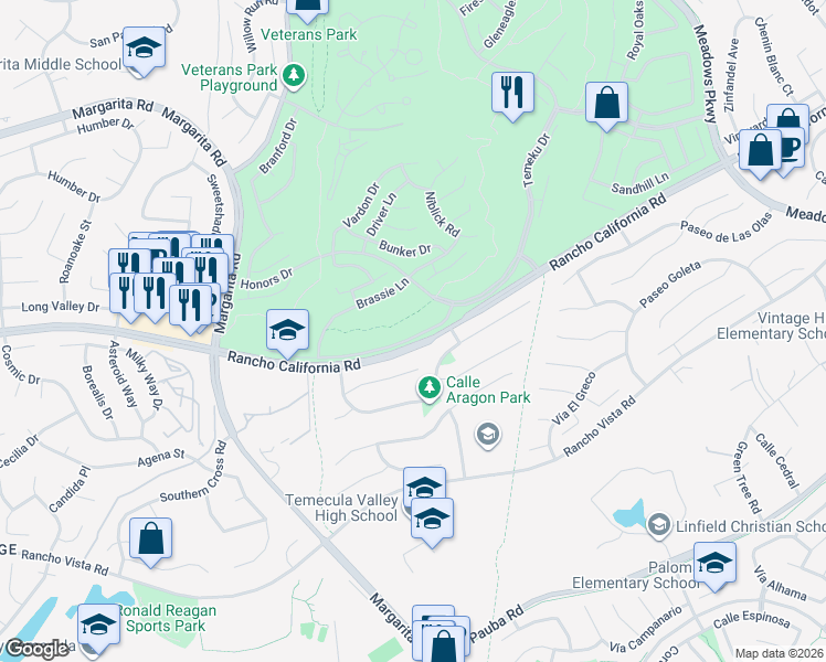 map of restaurants, bars, coffee shops, grocery stores, and more near 30942 Crystalaire Drive in Temecula
