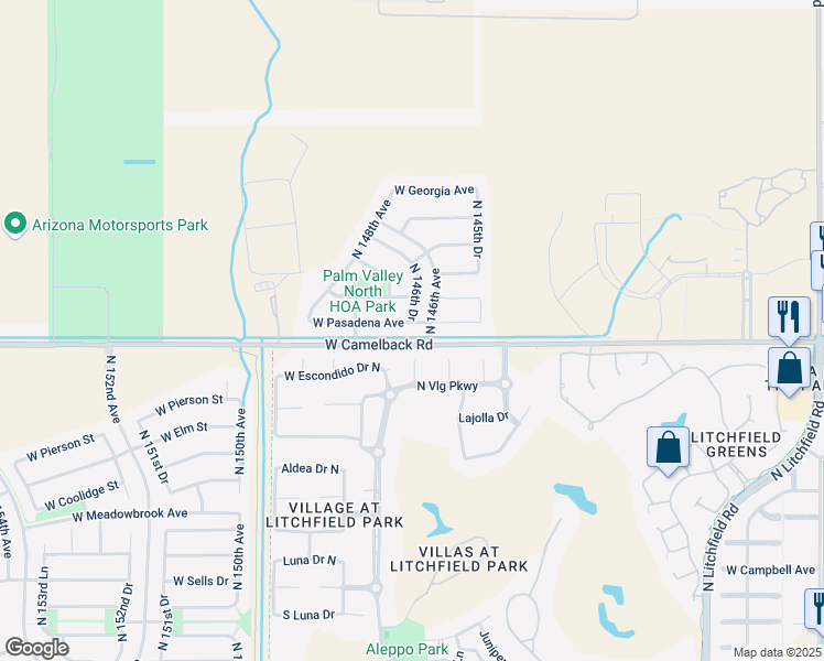 map of restaurants, bars, coffee shops, grocery stores, and more near 14619 West Pasadena Avenue in Litchfield Park
