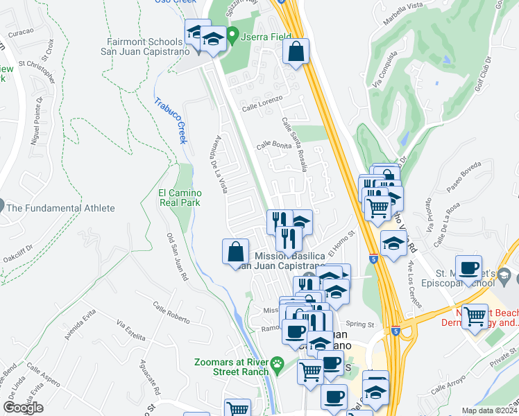 map of restaurants, bars, coffee shops, grocery stores, and more near 31282 Calle San Juan in San Juan Capistrano