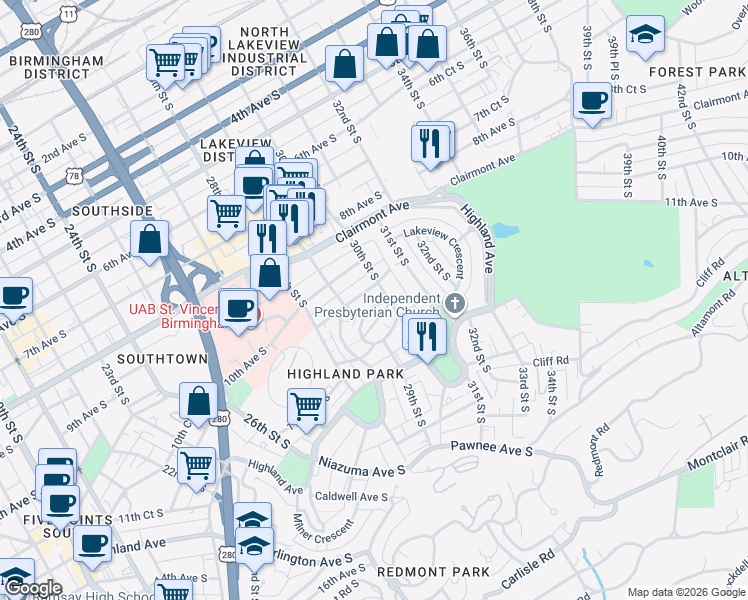 map of restaurants, bars, coffee shops, grocery stores, and more near 2944 Rhodes Circle South in Birmingham