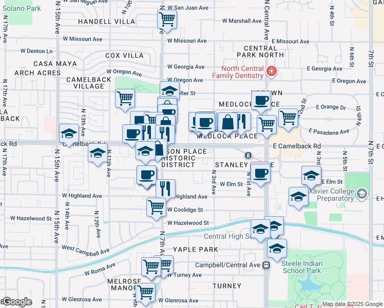map of restaurants, bars, coffee shops, grocery stores, and more near 316 West Mariposa Street in Phoenix