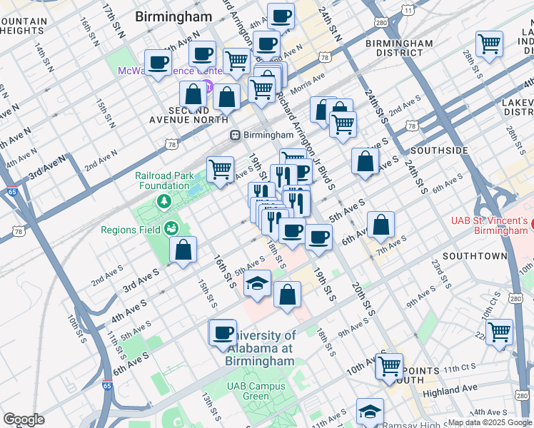 map of restaurants, bars, coffee shops, grocery stores, and more near 301 18th Street North in Birmingham
