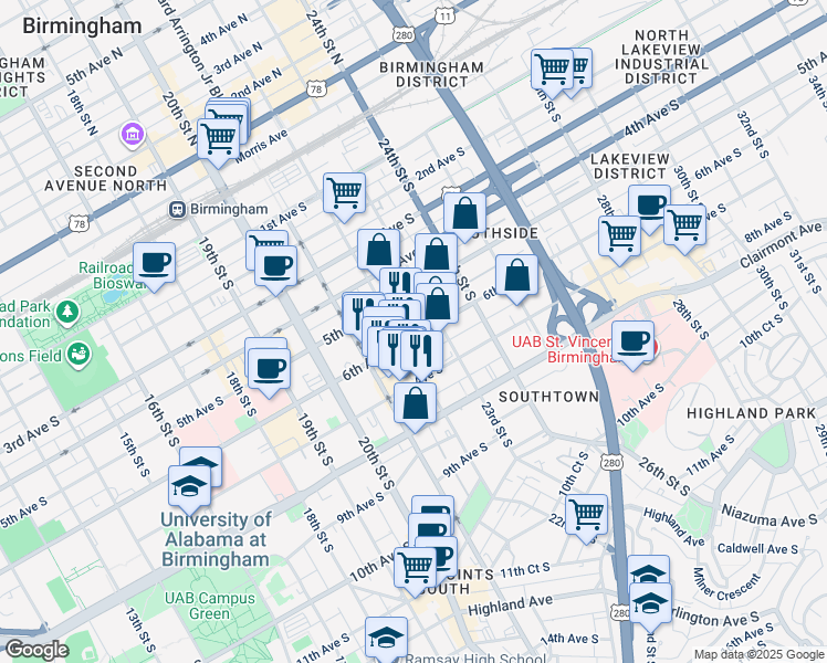 map of restaurants, bars, coffee shops, grocery stores, and more near 2208 6th Avenue South in Birmingham
