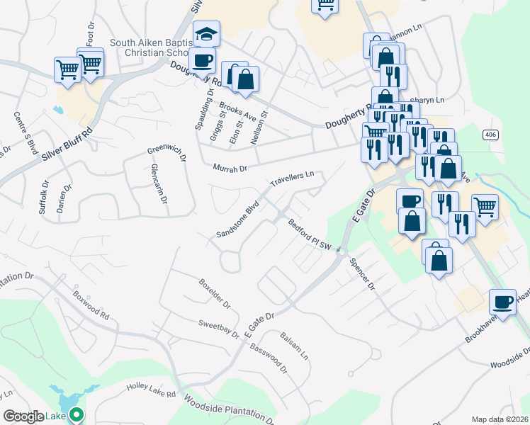 map of restaurants, bars, coffee shops, grocery stores, and more near 113 Raintree Court in Aiken