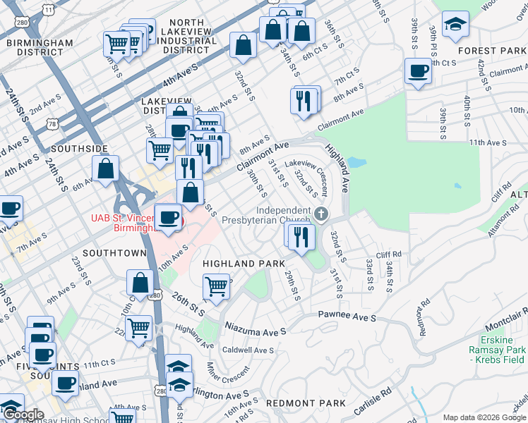 map of restaurants, bars, coffee shops, grocery stores, and more near 2920 Rhodes Circle South in Birmingham