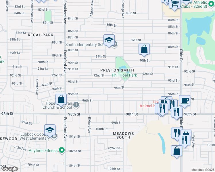 map of restaurants, bars, coffee shops, grocery stores, and more near 5526 94th Street in Lubbock