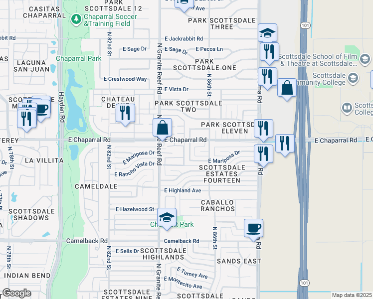 map of restaurants, bars, coffee shops, grocery stores, and more near 4949 North Granite Reef Road in Scottsdale