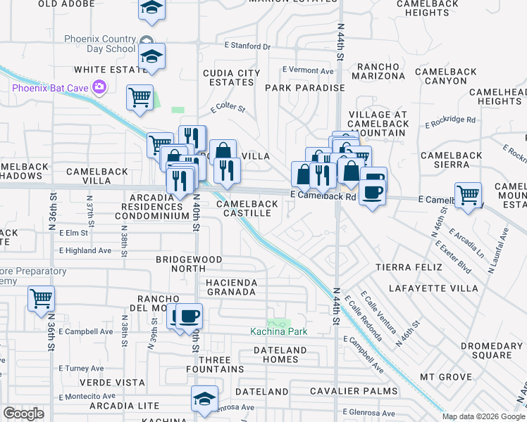 map of restaurants, bars, coffee shops, grocery stores, and more near 4148 East Calle Redonda in Phoenix
