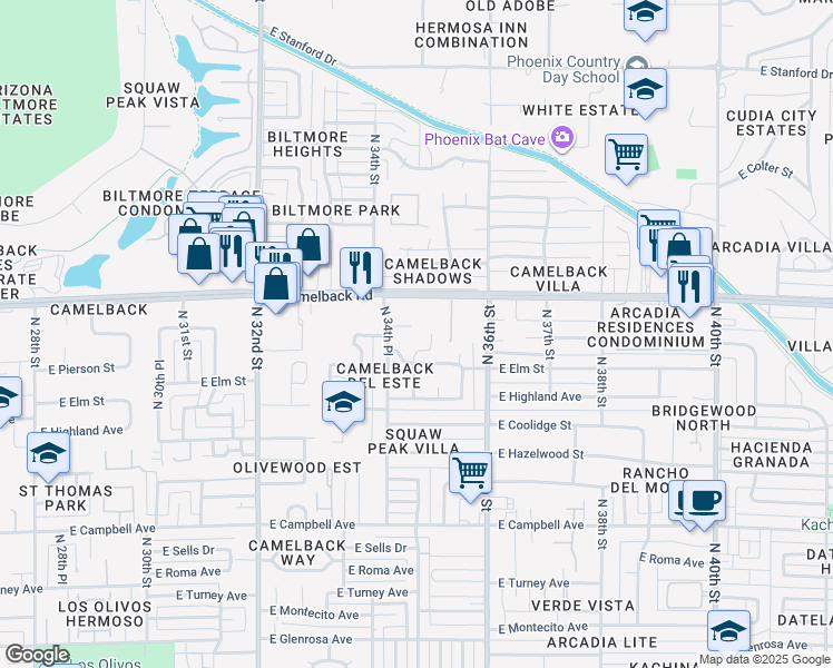 map of restaurants, bars, coffee shops, grocery stores, and more near 4820 North 35th Street in Phoenix