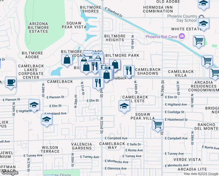 map of restaurants, bars, coffee shops, grocery stores, and more near 3233 East Camelback Road in Phoenix