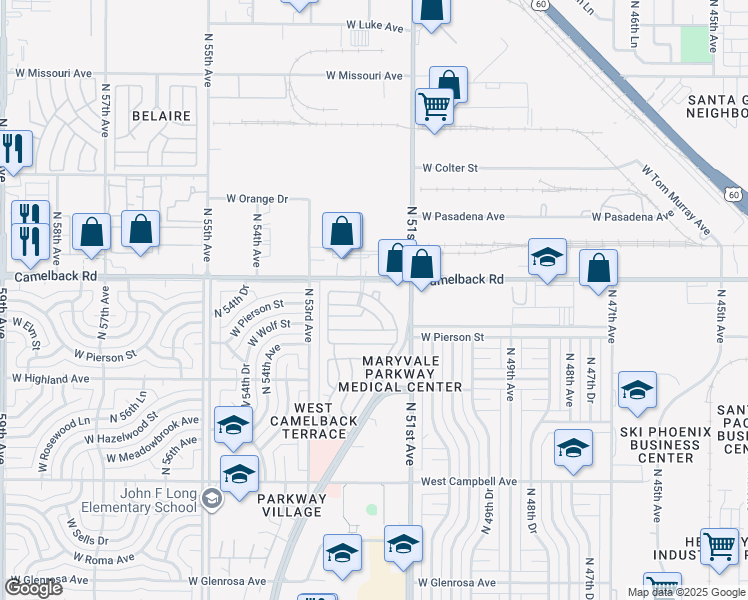 map of restaurants, bars, coffee shops, grocery stores, and more near 5201 West Camelback Road in Phoenix
