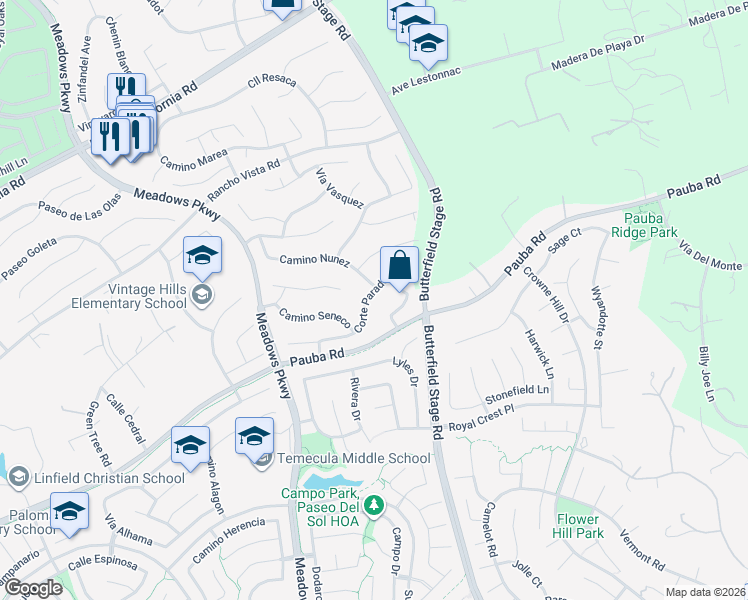 map of restaurants, bars, coffee shops, grocery stores, and more near 42361 Camino Merano in Temecula