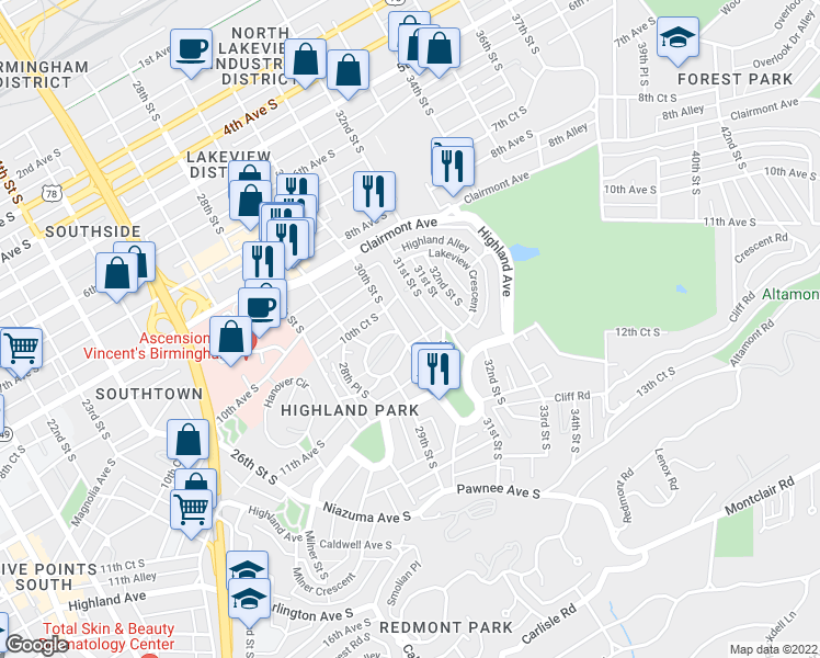map of restaurants, bars, coffee shops, grocery stores, and more near 2944 Rhodes Circle South in Birmingham