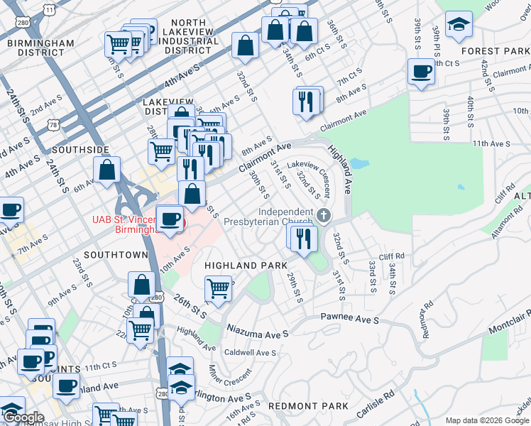 map of restaurants, bars, coffee shops, grocery stores, and more near 2944 Rhodes Circle South in Birmingham
