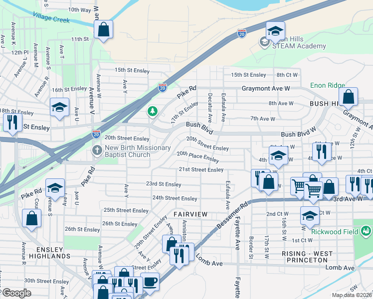 map of restaurants, bars, coffee shops, grocery stores, and more near 2720 20th Place Ensley in Birmingham