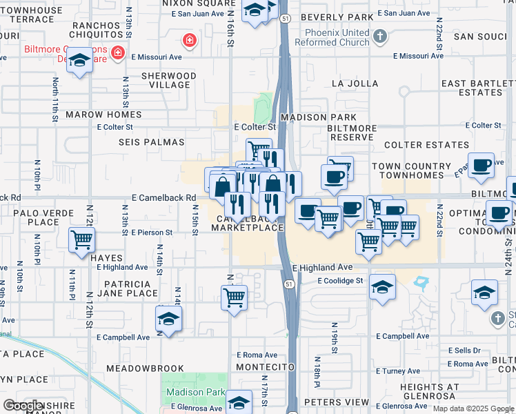 map of restaurants, bars, coffee shops, grocery stores, and more near 1641 East Camelback Road in Phoenix