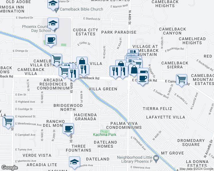 map of restaurants, bars, coffee shops, grocery stores, and more near 4916 North 42nd Way in Phoenix