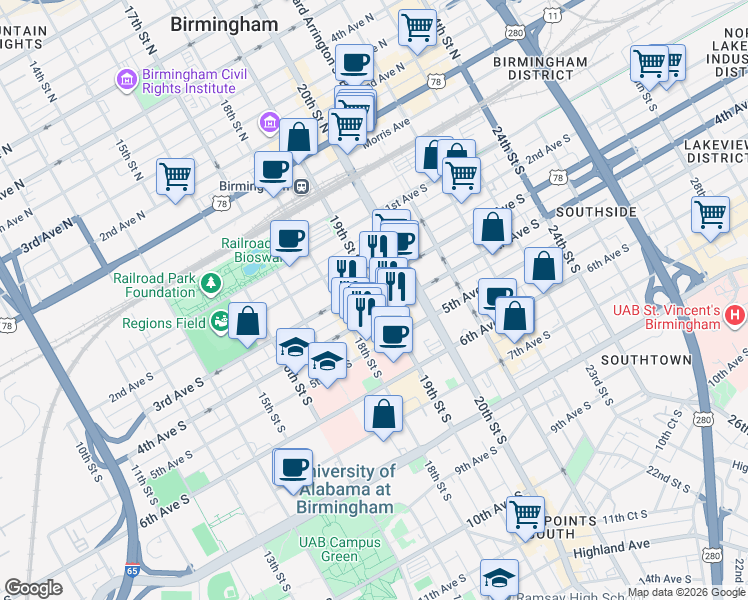 map of restaurants, bars, coffee shops, grocery stores, and more near 1812 19th Street South in Birmingham